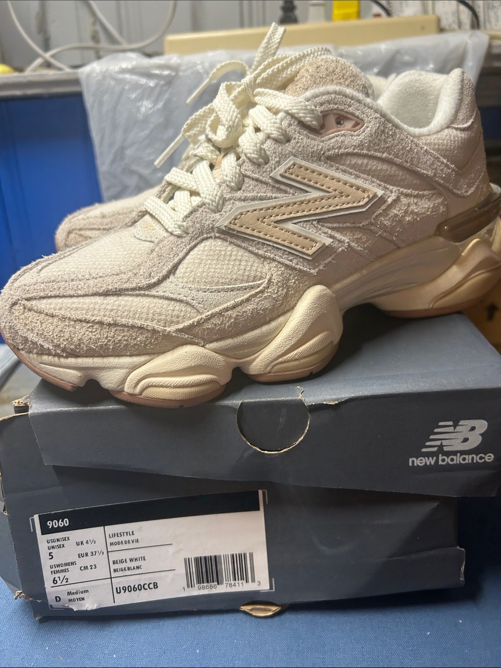 New Balance 9060 Beige White Textured Chunky Sneaker